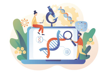 Tiny people study dna use microscope and laptop. Biotechnology. Science, laboratory research,  genetic testing, chemical, GMO, bioengineering and organism. Modern flat cartoon style. Vector 