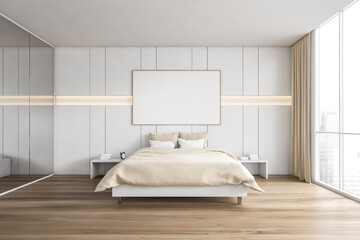 Fototapeta na wymiar Mockup frame in beige wooden bedroom with bed and linens on parquet
