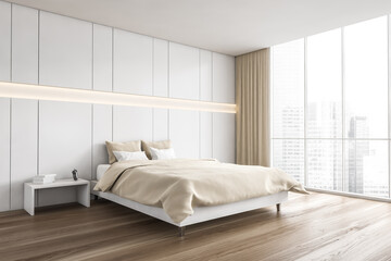 Fototapeta na wymiar Beige wooden bedroom with bed and linens, wardrobe and window
