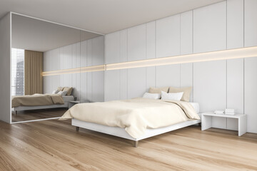 Fototapeta na wymiar Beige wooden bedroom with bed and linens, wardrobe on parquet floor
