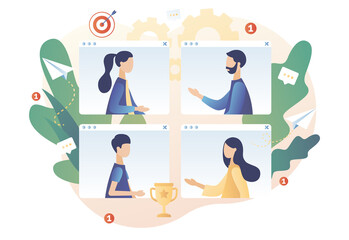 Online conference concept. Online meeting. Tiny people speak in video conference. Social distancing and self-isolation during coronavirus quarantine. Modern flat cartoon style. Vector illustration 