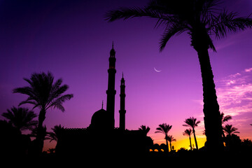 Beautiful large Islamic mosque at the sunset sky background