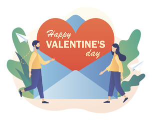 Happy Valentines day. Big envelope with love leaf. Tiny people in love greet each other. Romantic relations and date. Modern flat cartoon style. Vector illustration on white background