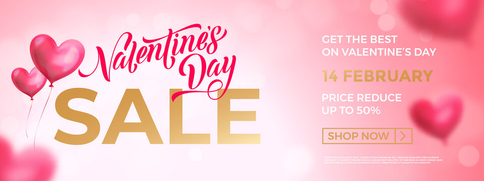 Valentine's day sale banner background. Valentines day lettering promo design with heart balloon background.