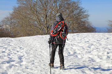 senderista montañera mujer con bastones grampones raquetas en la nieve bosque país vasco...