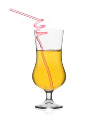 glass of apple juice with a drinking straw isolated on white background