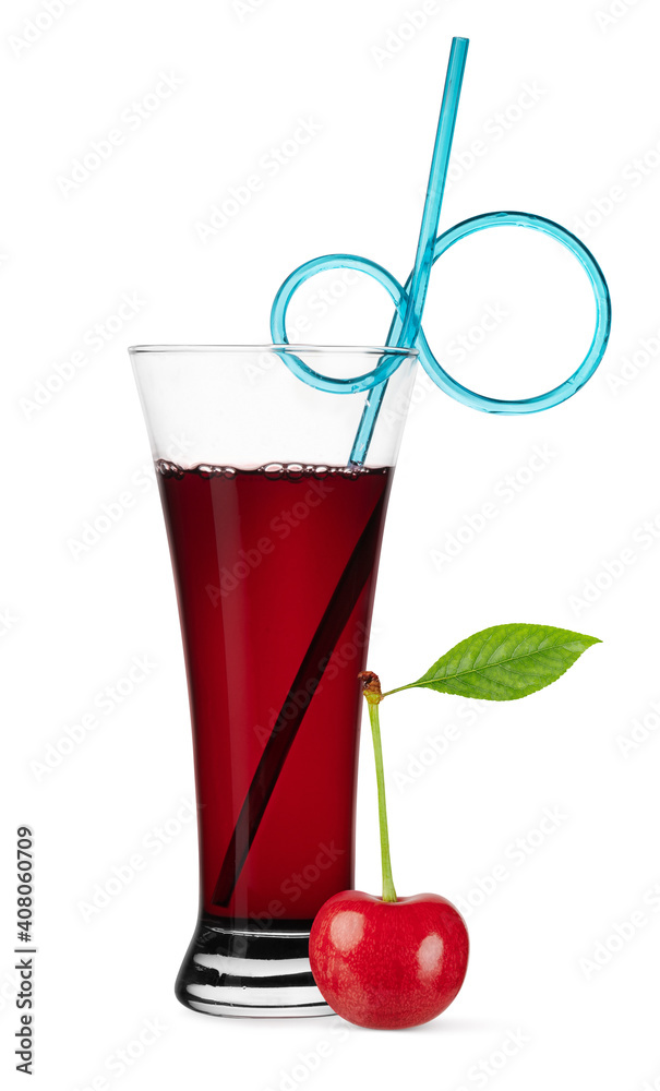 Wall mural Cherry juice in a glass with drinkinf straw isolated on white