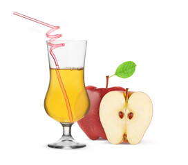 Fototapeta na wymiar glass of apple juice with a drinking straw isolated on white