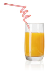 peach or orange fruit juice in a glass with drinking straw isolated on white background