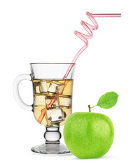glass of cold apple juice with ice cubes and drinking straw isolated on white