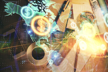 Double exposure of forex graph drawing and work table top veiw. Concept of financial analysis.