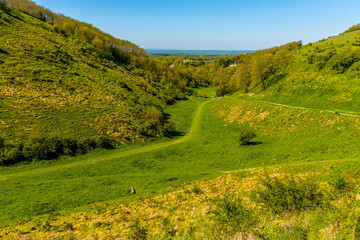 Fototapeta na wymiar Looking down the longest, widest dry valley in the UK towards the clay Weald on the South Downs near Brighton in springtime