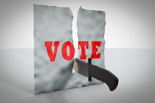 Knife cuts a paper that says vote demonstrating protesting elections or angry voter concept. 3D illustration