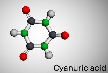 Cyanuric acid molecule. It is triazine, enol tautomer of isocyanuric acid. Molecular model. 3D rendering