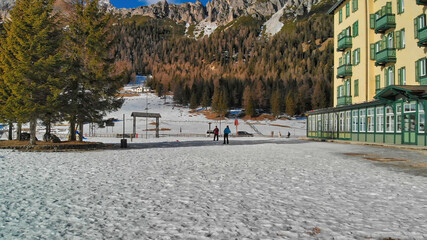 Fototapeta na wymiar Italian Dolomites in Winter. Aerial view of Misurina