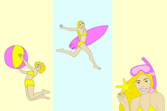 Set of vector illustrations of a girl in a swimsuit. Volleyball player, surfer, diving player