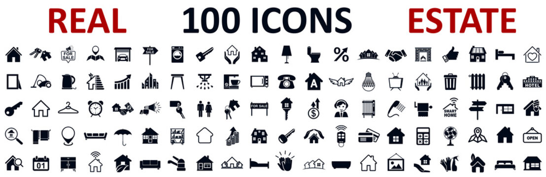 Set 100 Real Estate icons. Realty, property, mortgage, home loan, houses and more, collection real estate sign - stock vector