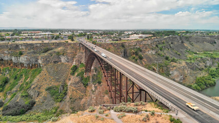 Fototapeta premium Twin Falls, Idaho. Perrine Memorial Bridge and beautiful canyon as seen from drone