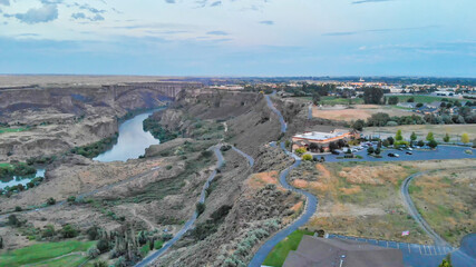 Aerial view of Twin Falls countryside at sunset with Snake River and Canyon, Idaho - USA