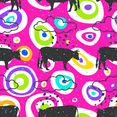 Surreal pop art seamless pattern with colorful acid circles and bull and clouds silhouette. Illustration with set of colorful abstract circles. Vector