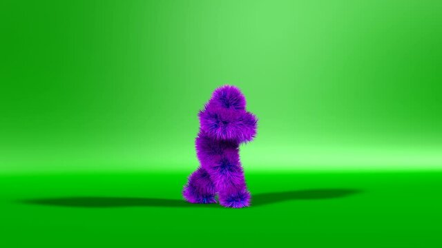 Purple Yeti Character Dancing On A Green Background