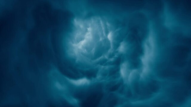 Forward flight through an ethereal dream-like blue cloud tunnel. Fantasy nebula swirl vortex maelstrom loop. Concept 3D animation of modern spirituality hypnosis and psychedelic meditation live stream