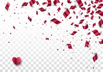 Red foil paper confetti flying on transparent background and paper cut heart with soft shadow in left corner. Festive vector border. Layered