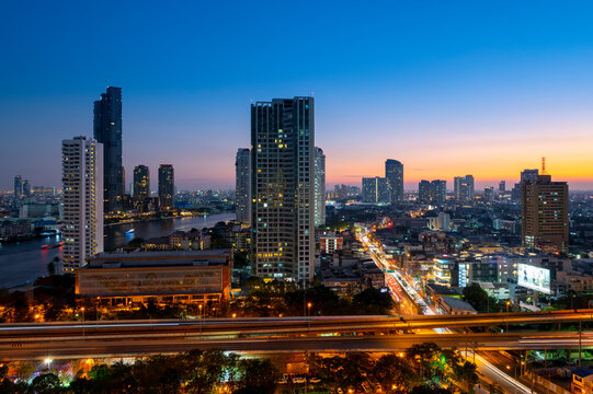Bangkok city skyline in downtown at dusk and night view.