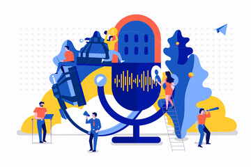 Vector illustrations concept design podcast channel. Teamwork make podcasting.Studio microphone table broadcast people. Podcast radio icon. 