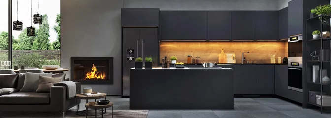 Tapeten Beautiful open plan matte black kitchen and dining area with fireplace © slavun