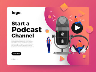 Vector illustrations concept design podcast channel. Teamwork make podcasting.Studio microphone table broadcast people. Podcast radio icon. 