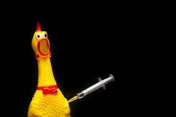 Chicken toy on a black background into which several syringes with GMO liquid are stuck. The...