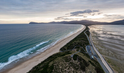 High angle aerial drone view of the Neck, an isthmus of land connecting north and south Bruny...