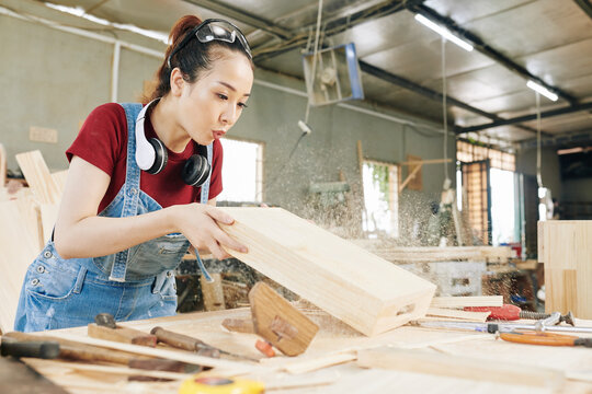Young female Asian carpenter blowing off wooden dust from drawer she made in carpentry workshop