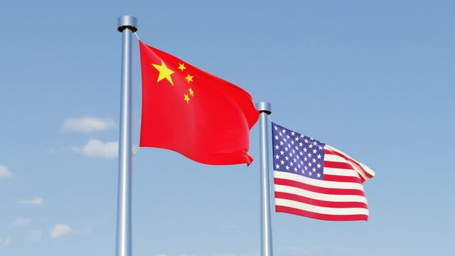 Flag of the People's Republic of China waving in the wind, in front of the flag of United States (USA). "Stars and Stripes". Blue sky with slow moving clouds. Full HD Video.