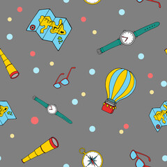 Hand drawn seamless pattern with travel items in cartoon style. Vector Illustration, isolated on grey background.