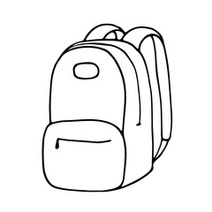 Outline image of a backpack. Hand drawn doodle illustration, black image on white background. Linear art. Vector illustration.