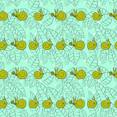 Repeating pattern with snails on a forest of leaves