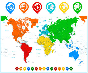 Fototapeta na wymiar Detailed vector World map with colorful continents and map pointers