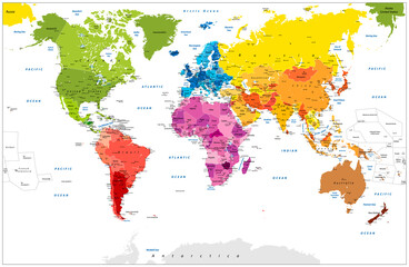 Fototapeta na wymiar Detailed World Map spot colored illustration