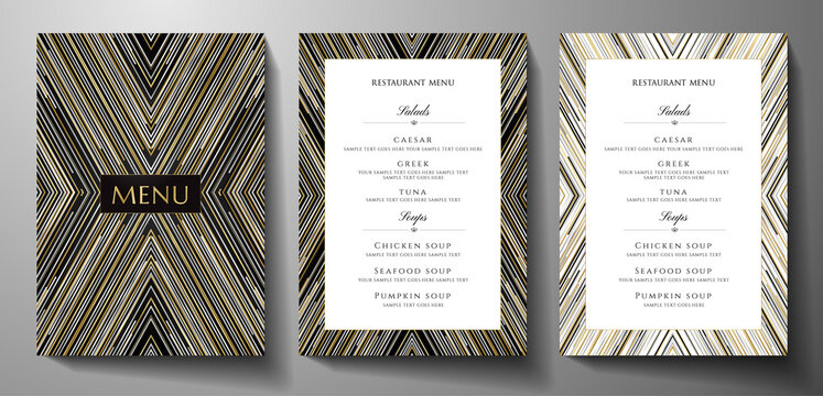 Design restaurant menu template with gold, black, silver glitch lines on black background. Luxury frame pattern (stripe border). Elegant cover useful for Creative Cafe Menu