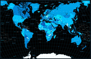 World Map in colors of blue isolated on black