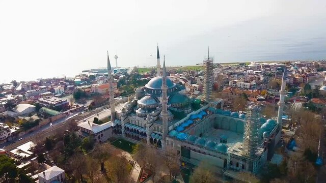 while returning by drone, sultan ahmet mosque, buildings and sea