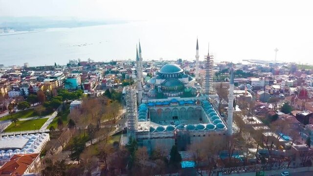 drone with blue mosque mosques and buildings