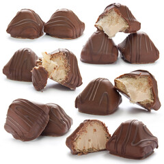 Chocolate praline on the white background