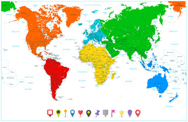 Fototapeta na wymiar World map with colorful continents and flat map pointers