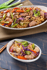 .Yakisoba, famous Japanese fried noodles, with meat and vegetables.