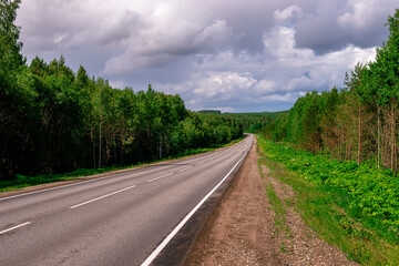 Naklejka premium An asphalted intercity road with white markings extending into the distance through a green forest.