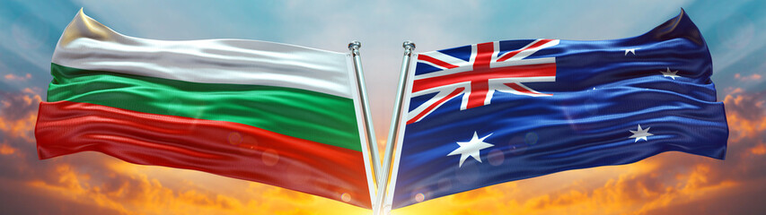 Double Flag Australia and Bulgaria flag waving flag with texture sky Cloud and sunset