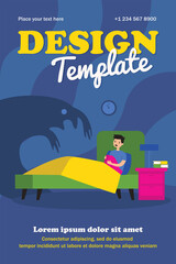 Terrified kid scared of monster shadow. Boy sitting in his bed at night flat vector illustration. Childhood, nightmare, problem concept for banner, website design or landing web page